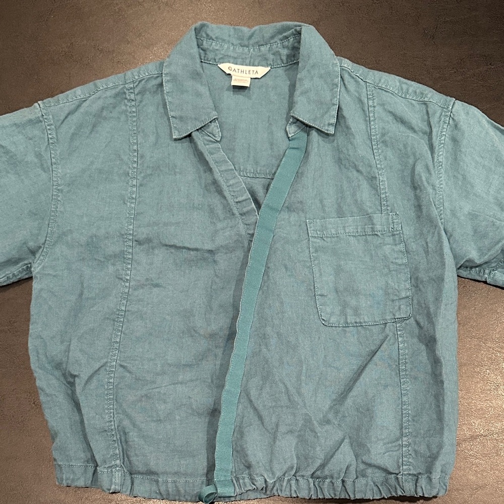 Athleta Retreat Short Sleeve Linen Turquiose Top
